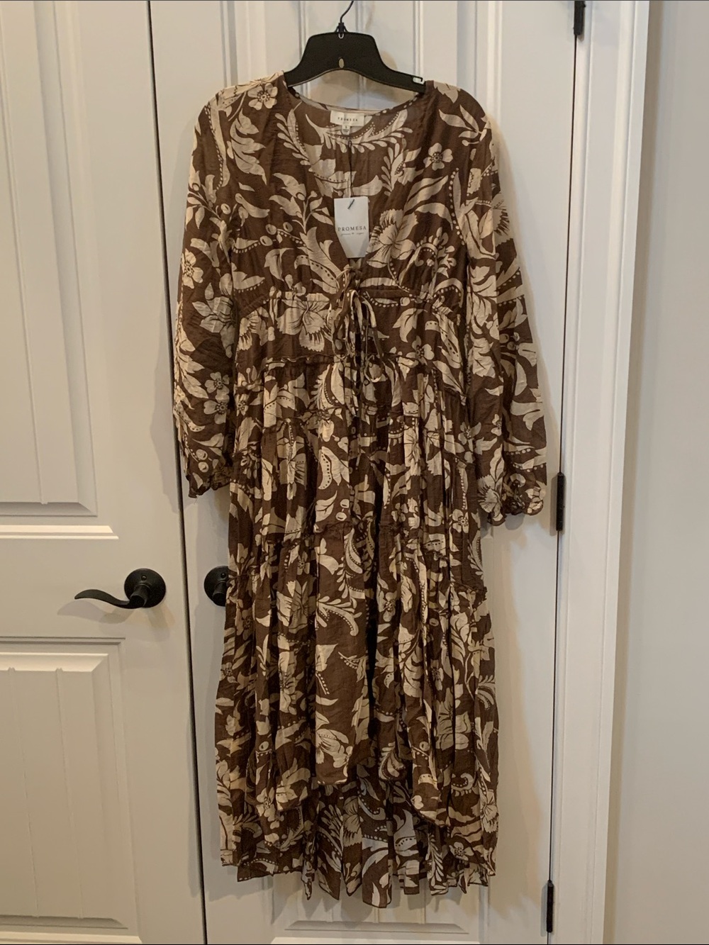 Vici Brown & Cream Floral Tiered Maxi Dress with Tie Front